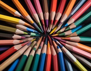 group of colored pencils of different colors isolated on a black background. blue color pulled up. close-up.