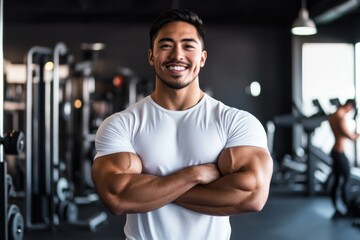 Fototapeta premium The picture of a handsome smiling Latino bodybuilder in a t-shirt is a great fit for health and wellness blogs aiming to inspire readers to adopt a fit and healthy lifestyle