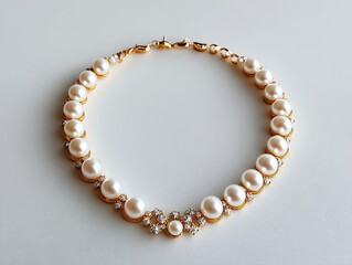 Obraz premium Gold necklace with pearls on white background, luxury bridal accessory