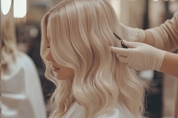 Fototapeta premium A blonde girl is having her hair done by a professional hairdresser at the beauty salon as she readies herself for work, shown from the back to highlight her lengthy hair