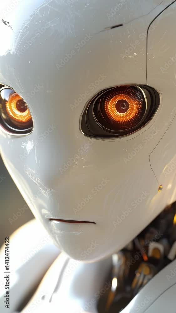 Poster a close up captures a futuristic robot with glowing eyes observing its surroundings in a modern sett