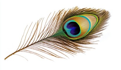 Obraz premium Vibrant and Colorful Peacock Feather on White Background
