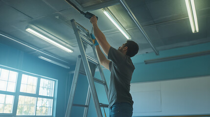 Electrician replacing a damaged light fixture in a school. Safety and efficiency