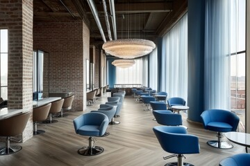 This industrial-style hair salon features exposed brick and steel furniture, providing a unique setting for clients to receive hair and beauty treatments