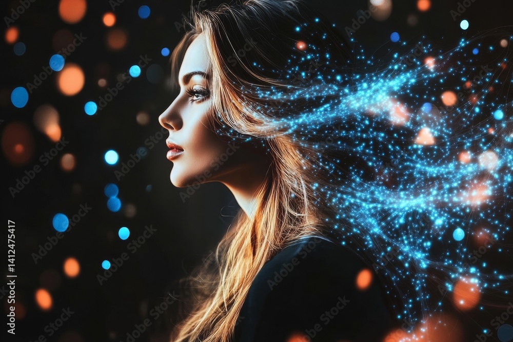 Poster futuristic human face made of digital elements and surrounded by particles from space stock image