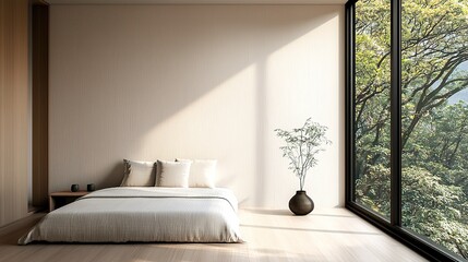 Modern zen-inspired living space with bamboo decor tranquil bedroom cozy environment nature view
