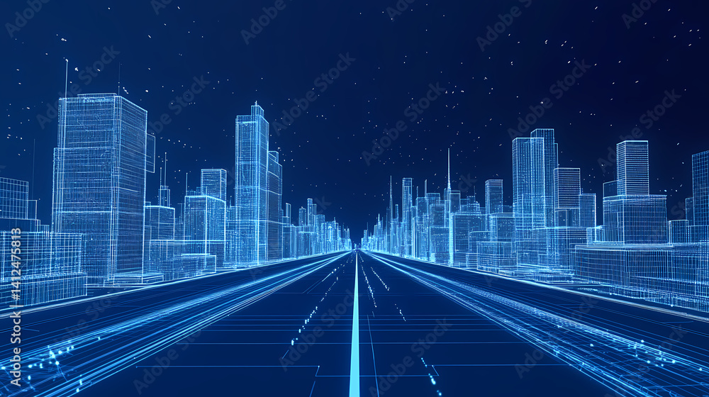 Poster cityscape blueprint: a futuristic cityscape unfolds in a mesmerizing display of interconnected digit