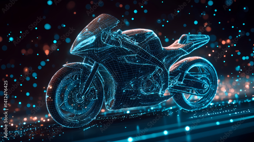 Poster digital motorcycle in motion: a sleek, futuristic motorcycle is rendered in a digital, glowing wiref