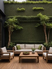 Obraz premium A stylish outdoor patio with a green hedge and furniture