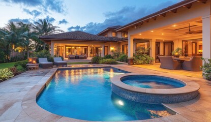 Luxurious backyard retreat with swimming pool and spa.  Outdoor living space, featuring a large swimming pool, a spa, covered patio, and comfortable seating areas, creating a tranquil oasis.