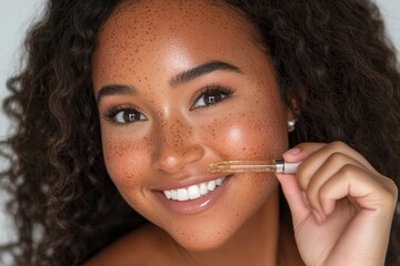 Obraz premium A young and beautiful woman is shown in close-up, applying a facial serum as part of an anti-aging treatment to hydrate and nourish her skin for a better tone, set against a white studio background,