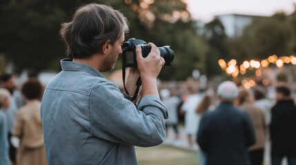 Photographer capturing public speech during warm evening event