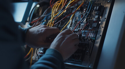 Electrician rewiring a circuit panel in a basement. Highlighting electrical work and circuit installation