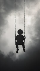 Silhouette of a child swinging on a swingset against a dark and ominous sky, creating a haunting and suspenseful atmosphere, suitable for themes of loneliness, isolation, and the unknown