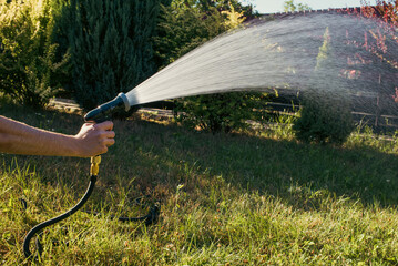 Male hand holding garden hose sprayer watering lawn in backyard on sunny day