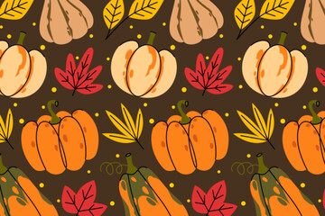 Pumpkins and maple leaves on brown background. Vector cartoon illustration of orange and yellow autumn vegetables, color foliage, Thanksgiving holiday pattern, seamless wallpaper, textile design
