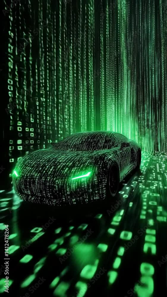 Poster a sleek car stands out in a vibrant green digital atmosphere filled with cascading binary numbers, c