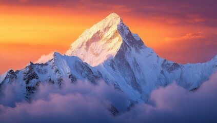 Majestic snow-capped mountain peak at sunset, clouds swirling around its summit