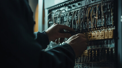 Electrician rewiring a residential circuit breaker panel. Expertise and safety