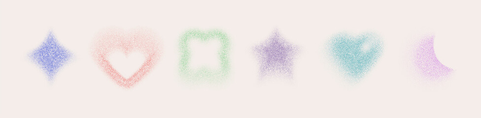 Abstract grainy shapes set isolated on white background. Vector realistic illustration of color heart, star, moon, rhombus, flower figures with gradient texture, y2k halftone icons, blurry effect