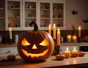Halloween pumpkin head jack lantern with burning candles. illuminated halloween pumpkins with candles in the kitchen