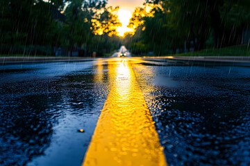 Rainy Road at Sunset: A wet road gleams with the golden light of a setting sun, creating a captivating contrast of dark asphalt and vibrant reflections.