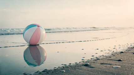 A colorful inflatable beach ball rests on wet sand near the shoreline, reflecting in a shallow tide pool at golden hour. A nostalgic summer scene.