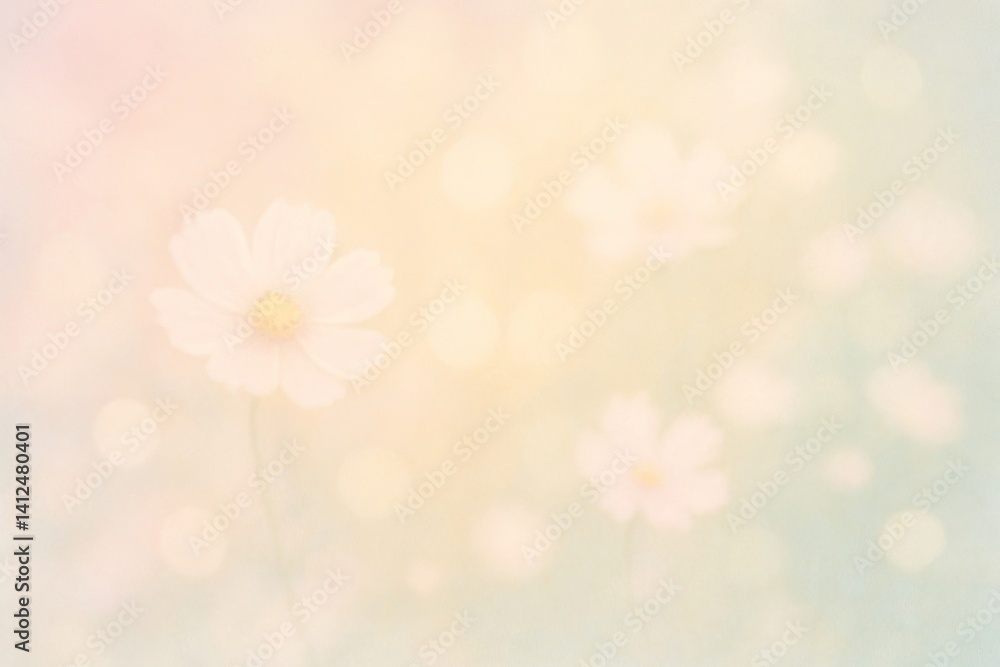 Poster soft pastel floral background with bokeh effect, creating a dreamy and serene atmosphere.
