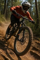 Fototapeta premium A mountain biker in a helmet and orange shirt navigating a dusty trail surrounded by trees, showcasing adventure and speed.