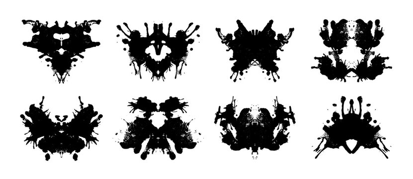 Rorschach test inkblots set isolated on white background. Vector realistic illustration of abstract black ink stains for mental treatment, abstract silhouettes for psychology examination, tattoo image