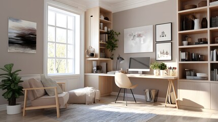 Fototapeta premium Inviting home office with a cozy chair, desk, computer, and bookshelf, creating a serene and productive workspace bathed in sunlight.