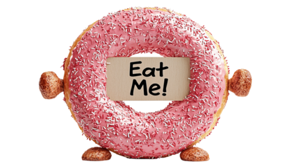 Png of A whimsical pink donut with sprinkles holding a sign that says 'Eat Me!' in a playful and inviting manner.