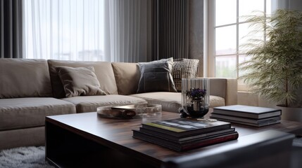 Beige sectional sofa in a modern living room, styled with dark gray and neutral pillows, coffee table books, and a plant. Natural light streams in from a large window.