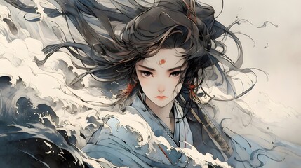 水墨画の女性の肖像画 波と髪の動き 伝統的な衣装とアジアの雰囲気 美しい表情と繊細な描写
