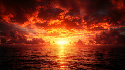 Stunning sunset over a calm ocean with vibrant clouds reflecting warm colors in the sky