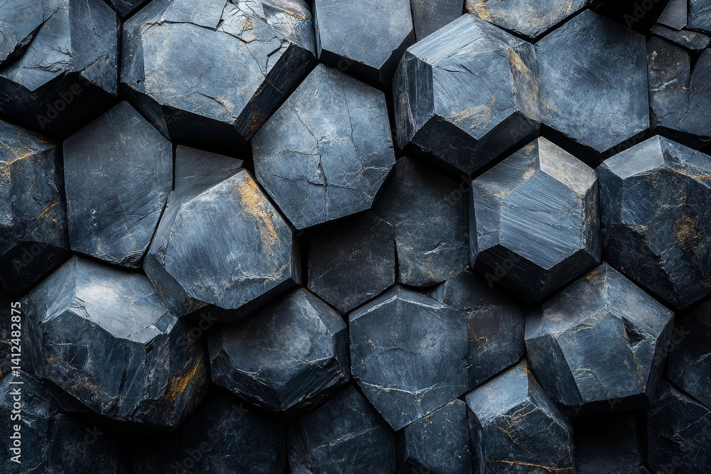 Poster high quality image of dark hexagonal stone texture, showcasing natural patterns and colors