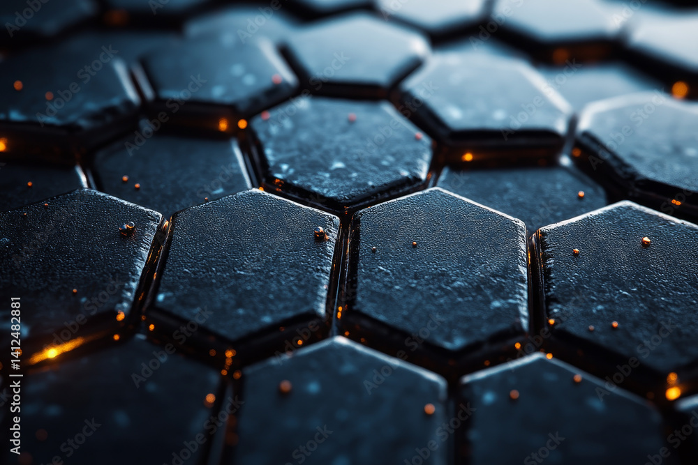 Poster high quality image of hexagonal tiles with glossy surface and glowing edges, creating modern