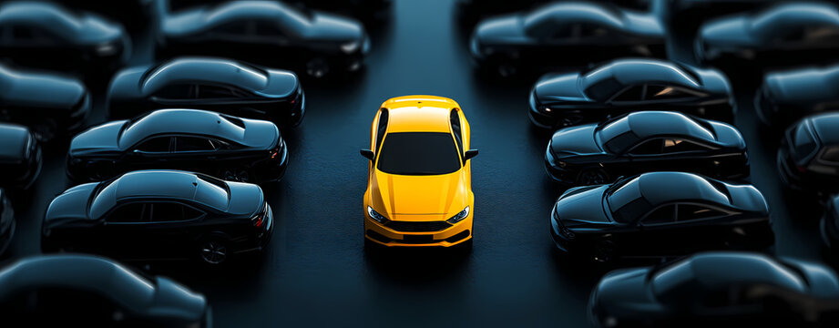 Golden Car: The image features a unique yellow car surrounded by a sea of sleek, black cars, symbolizing individuality and standing out from the crowd.