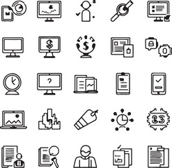 Create a set of 25 thin line icons comprehensive Vector art silhouette with white background.