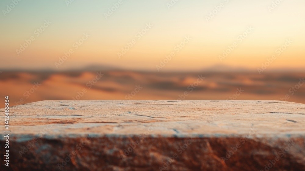 Poster stone table displaying products with blurry desert background at sunset