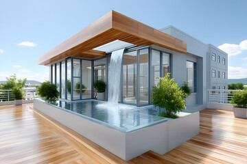 Modern rooftop oasis with infinity pool and waterfall feature