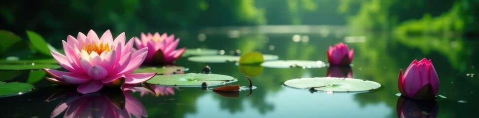 Obraz premium Water lilies and lotus flowers surrounding the water, aquatic plants, vegetation details, lake victoria