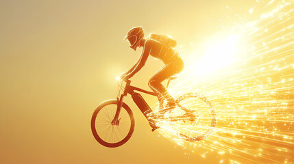 Velocity and Triumph: A silhouette of a cyclist, propelled forward by radiant energy, conquers an open sky. The visual metaphor for speed, energy, and limitless potential
