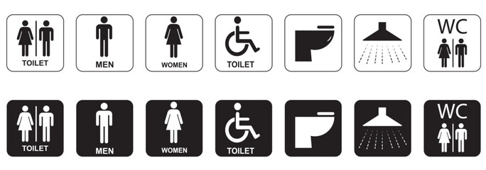 Toilet icons set, common male female restroom, handicap wheelchair access, sanitizer liquid soap, WC direction, baby changing table room, toilet signs, WC signs collection