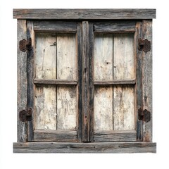 Rustic Wooden Window Frame with Aged Patina and Metal Hinges