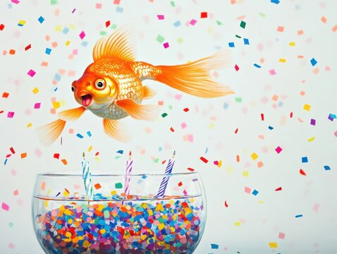 Aquatic Celebration: An ebullient goldfish leaps joyfully from its bowl, surrounded by a vibrant confetti shower, celebrating life and wonder. 