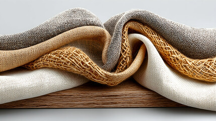Fototapeta premium Soft, textured fabrics in beige, grey, and off-white hues elegantly draped on wood