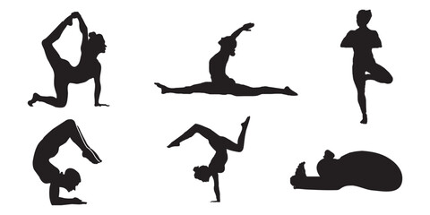 Yoga pose Workout. Silhouettes of a woman in Tree, Sirsasana, Boat, Warrior one, two, three, downwards and upwards facing dog, lotus, headstand poses. Eps 10