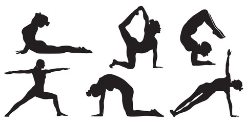Yoga pose Slim sportive young woman doing yoga & fitness exercises. Healthy lifestyle. Set of vector silhouette illustrations design isolated on white background.