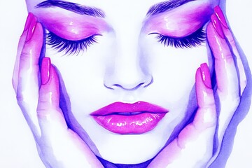 Watercolor illustration for a beauty salon poster featuring a beautiful woman with pink nails for manicure
